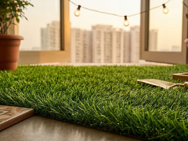 Premium artificial grass installation on a Noida apartment balcony