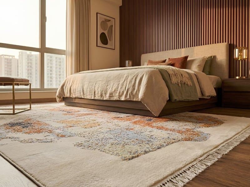 Hand-tufted wool area rug in a Noida apartment living room