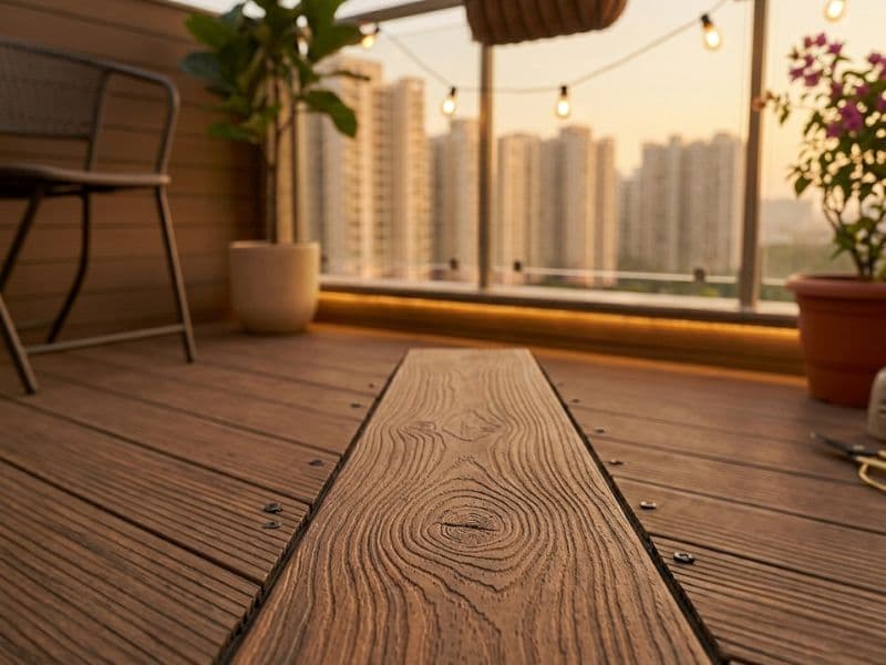 WPC composite decking on a Noida apartment terrace with outdoor furniture