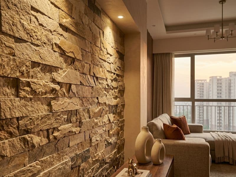 Stone wall cladding on a feature wall in a Noida apartment living room