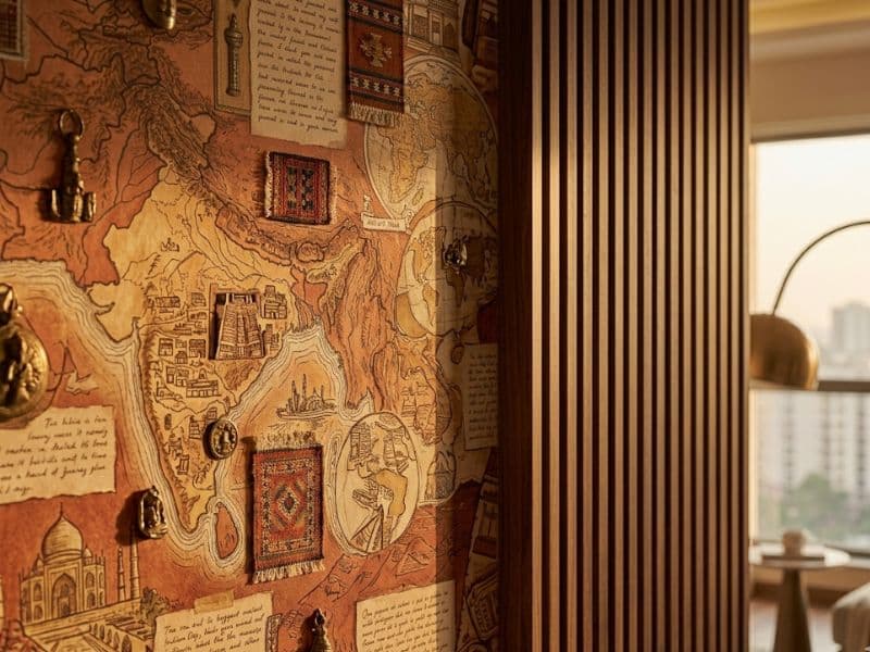 Textured botanical wallpaper in a Noida apartment bedroom