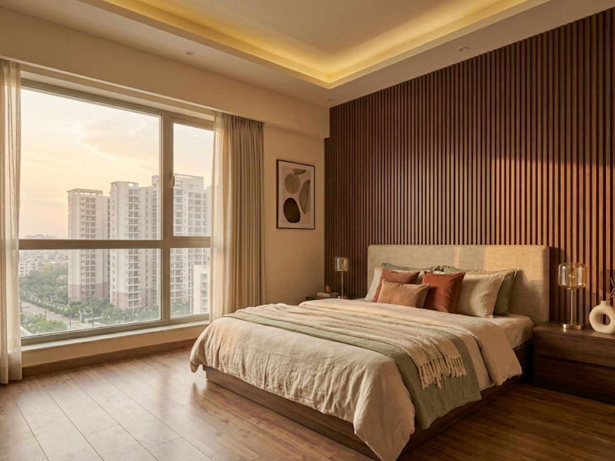 Fluted wall panels and laminate flooring in a Noida bedroom — Inner Space Creation