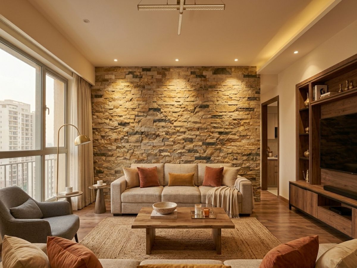 Stone wall cladding and engineered wood flooring in a Noida living room — Inner Space Creation