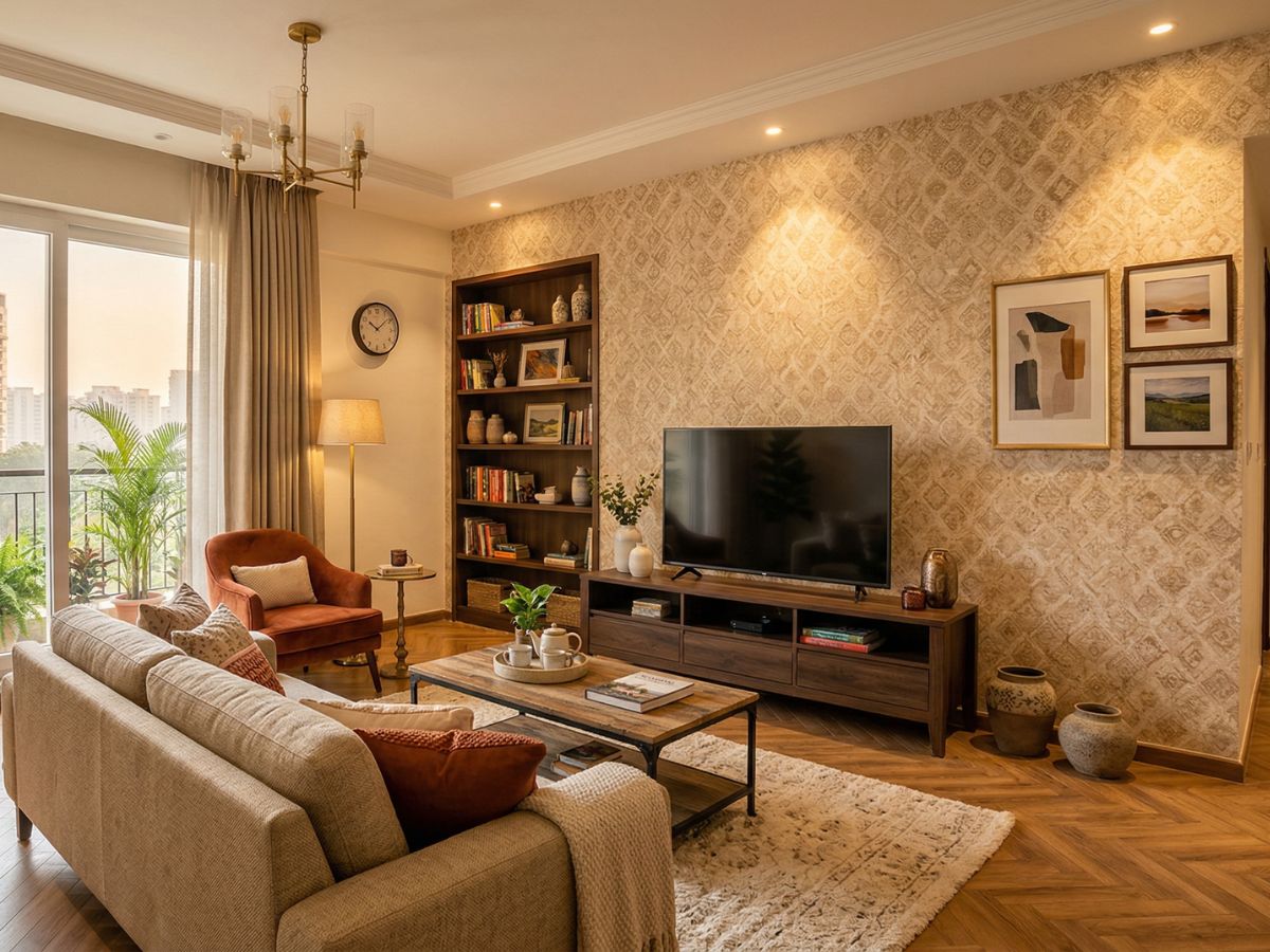Textured wallpaper and herringbone flooring in a Noida living room — Inner Space Creation