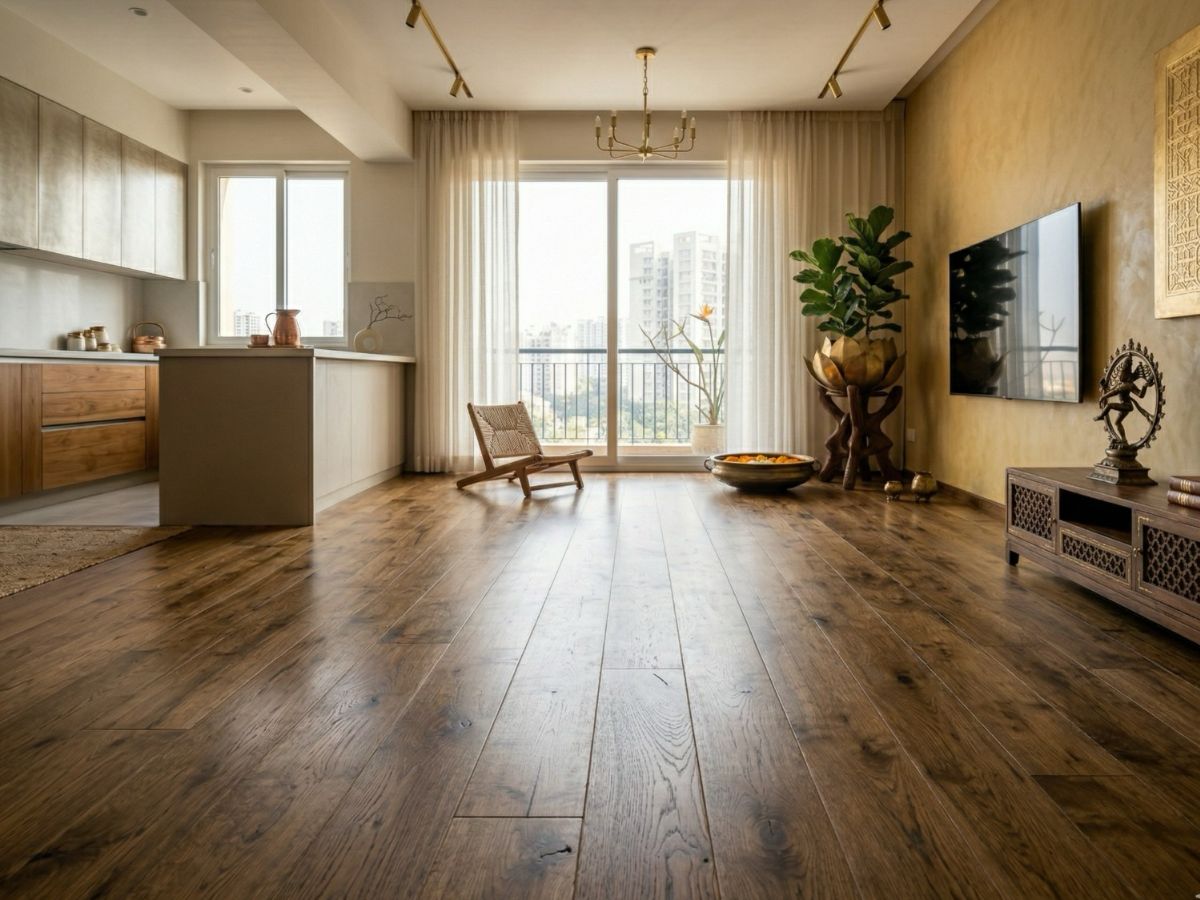 Wide-plank engineered wood flooring in a Noida living room — Inner Space Creation