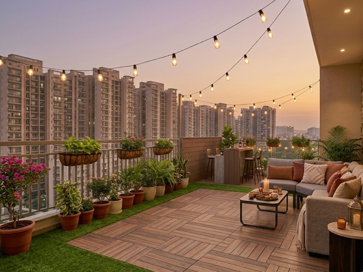 Composite decking with artificial grass border on a Noida terrace — Inner Space Creation