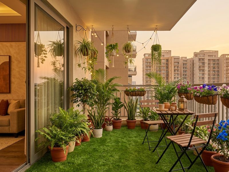 Noida apartment balcony with lush artificial grass and seating