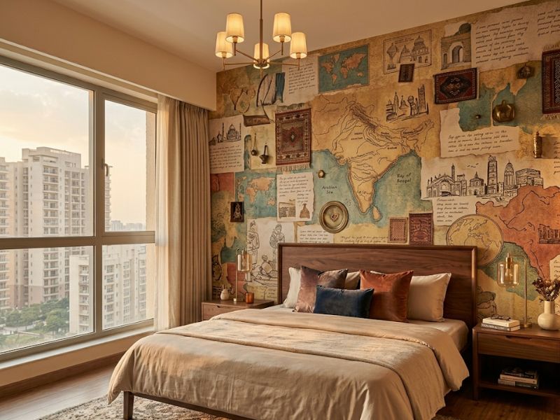 Stylish bedroom with designer wallpaper in a Noida home