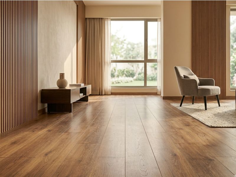 Premium wood-tone flooring in a modern Noida living space