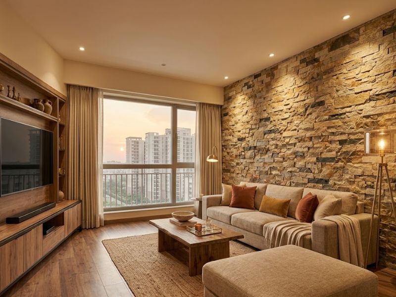 Warm living room with stone wall cladding in a Noida apartment