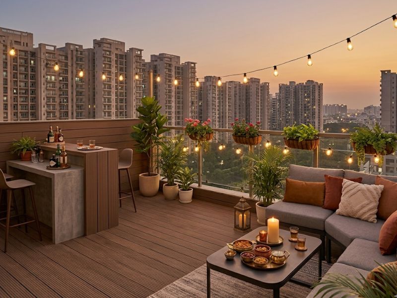 Wooden decking on a Noida terrace with outdoor furniture