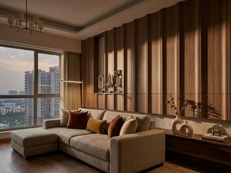 Textured 3D wall panels in a contemporary Noida interior