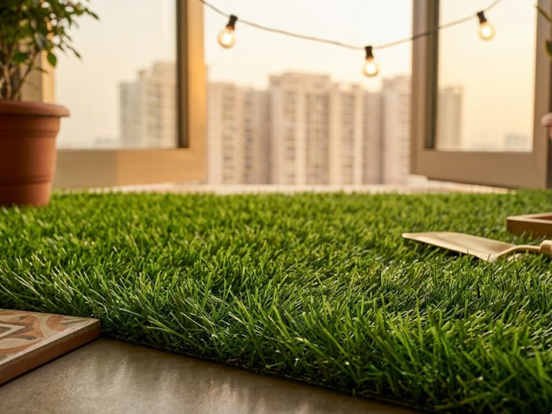 Artificial grass surface close-up for Noida homes by Inner Space Creation